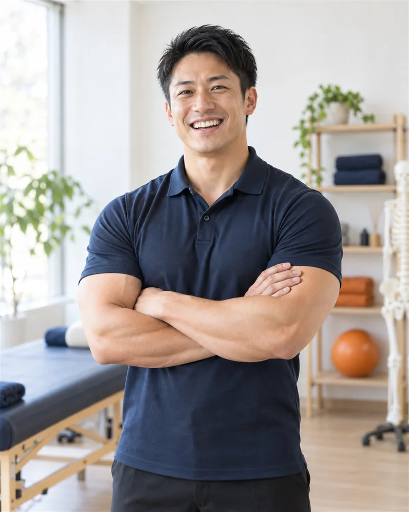 院長の大河 剛。筋肉質で、明るい笑顔の30代男性